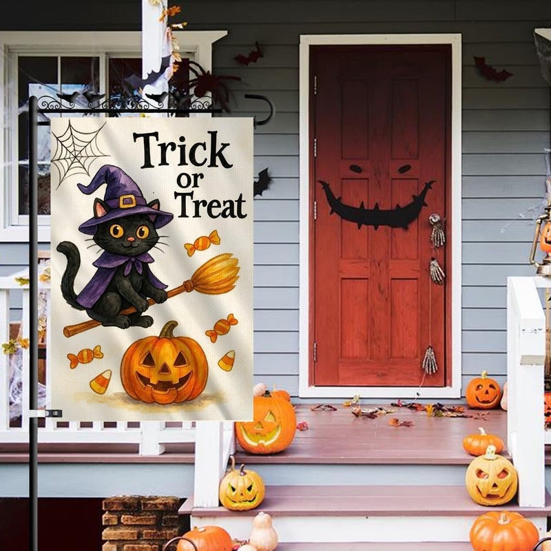 KarvePro Halloween Garden Flag 12x18 – Trick or Treat Black Cat & Pumpkin with Broom Stick & Spiderweb – Double Sided Burlap Halloween Flags for Outside, Fits Garden Flag Poles - Image 2
